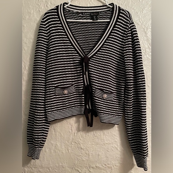Nicole Miller black/white striped cardigan with pearl buttons, black bows;size L - Picture 1 of 8